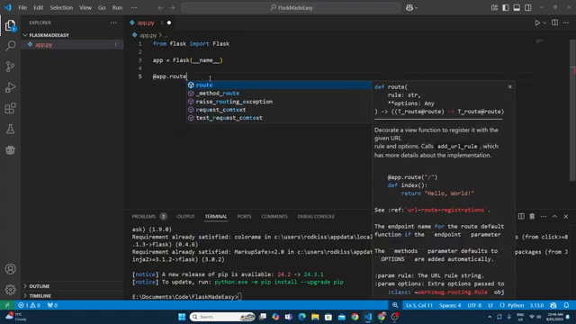 VS Code showing app.py with the Flask Hello World route — autocomplete confirms Flask is installed correctly