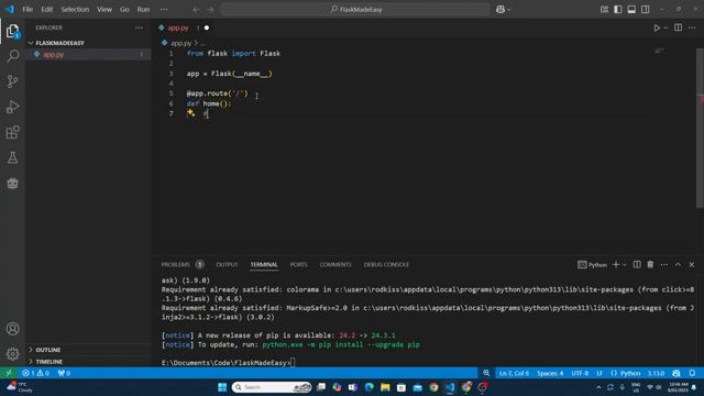 Flask server running in the VS Code terminal — the app is live and ready to test in the browser