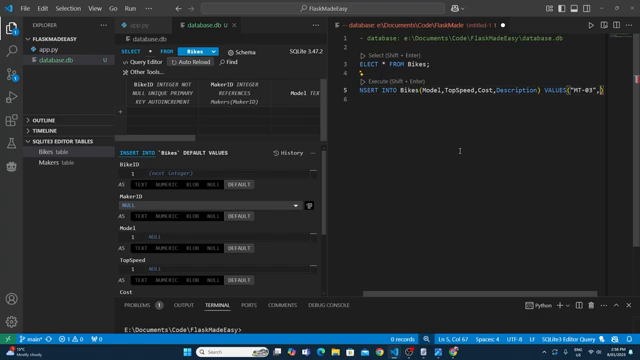 The Query Editor with an INSERT statement — use this panel to add data efficiently rather than clicking each cell manually