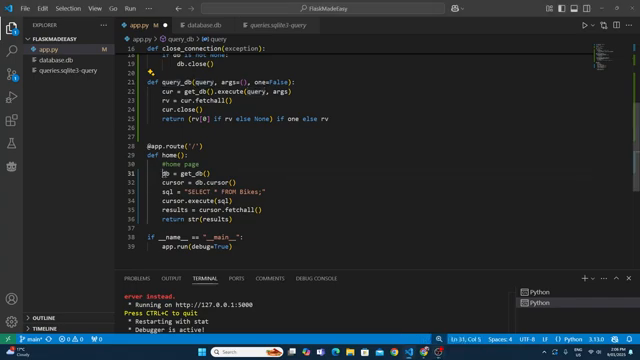 Flask server running in the terminal with the database connected — the app is live and queries are returning data