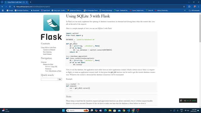 The Flask documentation section on Using SQLite 3 — the get_db and query_db patterns shown here are used directly in this tutorial