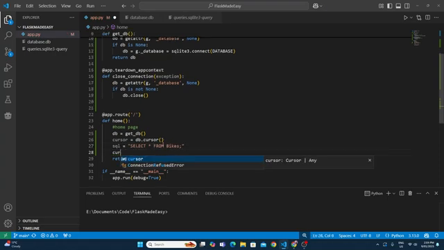 VS Code showing the get_db, close_connection and query_db helper functions in app.py — these three functions handle all database access for the entire application
