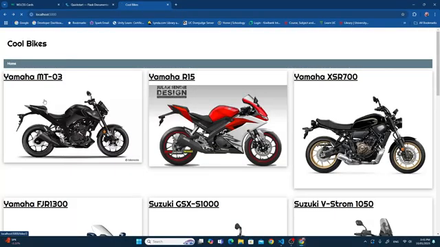 The finished Flask home page — a responsive three-column grid of bike cards with images and names, each linking to its detail page