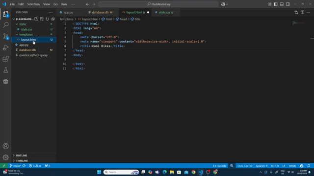 VS Code showing layout.html with the W3.CSS link, Google Font, shared header and nav bar, and the Jinja2 block placeholder