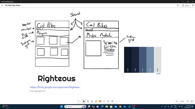 Wireframe sketched in Microsoft Whiteboard showing the two-page layout, colour palette from Coolors, and the chosen Google Font